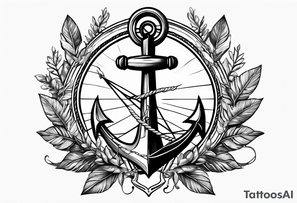 A selucid anchor tattoo with a compass and a olive branch wreathe tattoo idea