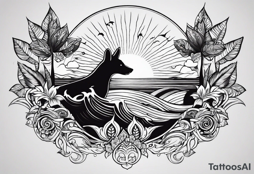 Tatouage ornement noir et blanc. les kangourous et la vie, un soleil, des vagues. Ainsi que  des feuilles provenant d’Australie et de  Bali. Lignes très fines. tattoo idea