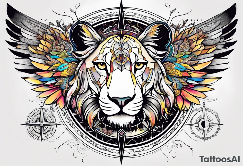 Lioness with wings compass tattoo idea