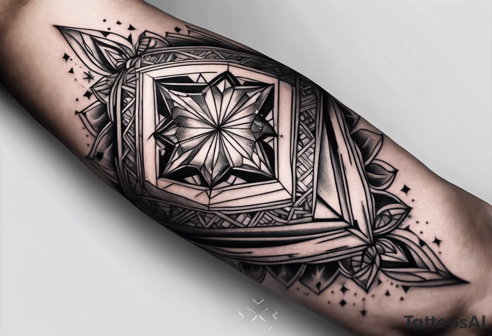 Sleeve on the forearm with a diamond in the middle tattoo idea