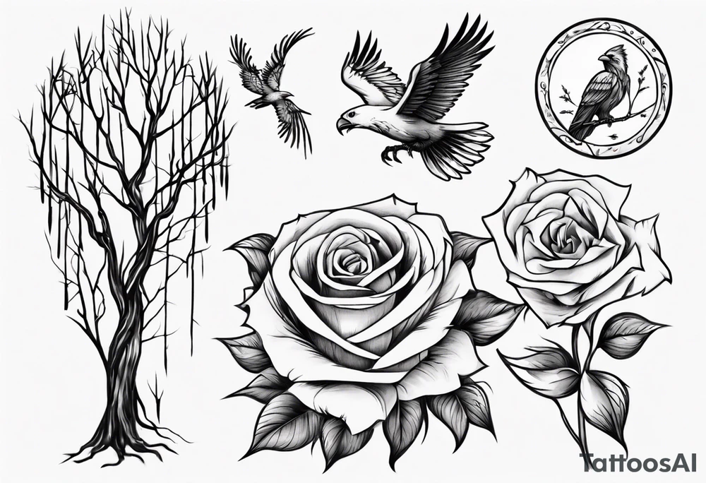 Willow tree with a cardinal holding a rose and a eagle tattoo idea