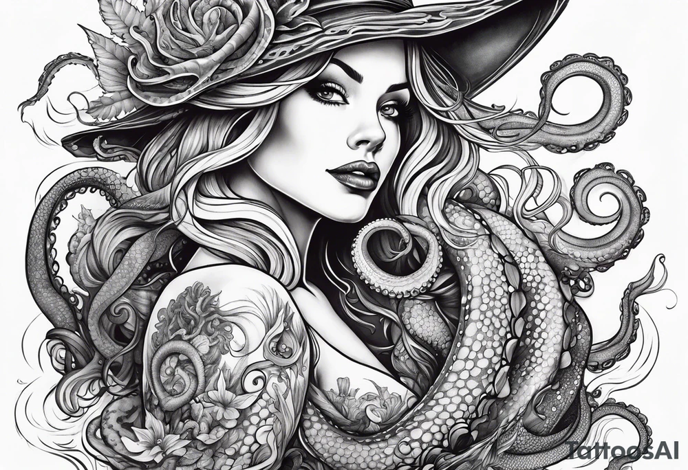 Sea witch with octopus tentacles pinup style tattoo idea