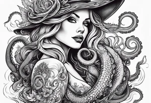 Sea witch with octopus tentacles pinup style tattoo idea