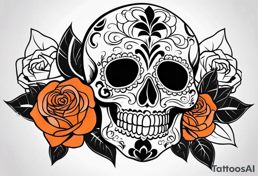 Sugar skull with roses that are orange and black with smoke around it tattoo idea