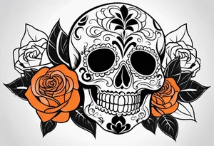 Sugar skull with roses that are orange and black with smoke around it tattoo idea