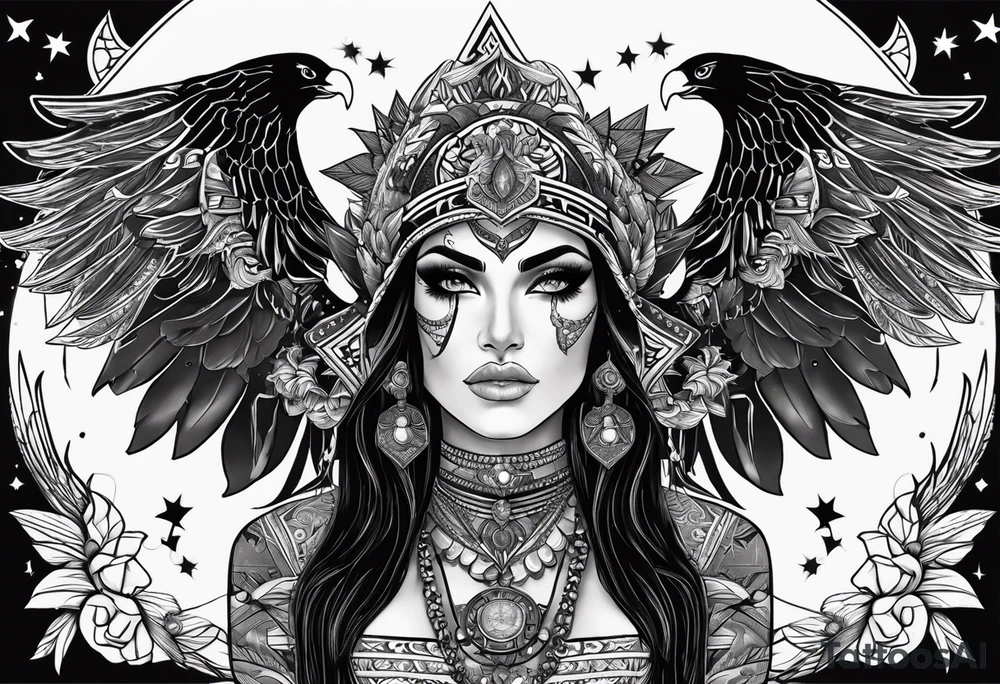 black kali, goddess pirate, alien, pachamama, valkrye, warrior, skull, lotus azul, wing, eagle, zenza resonance, stars, 5D tattoo idea