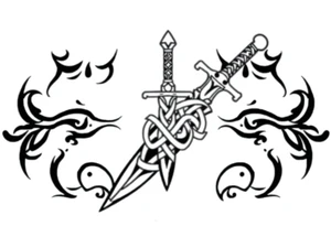 Armband tattoo of a sword with covered in a Celtic knot tattoo idea