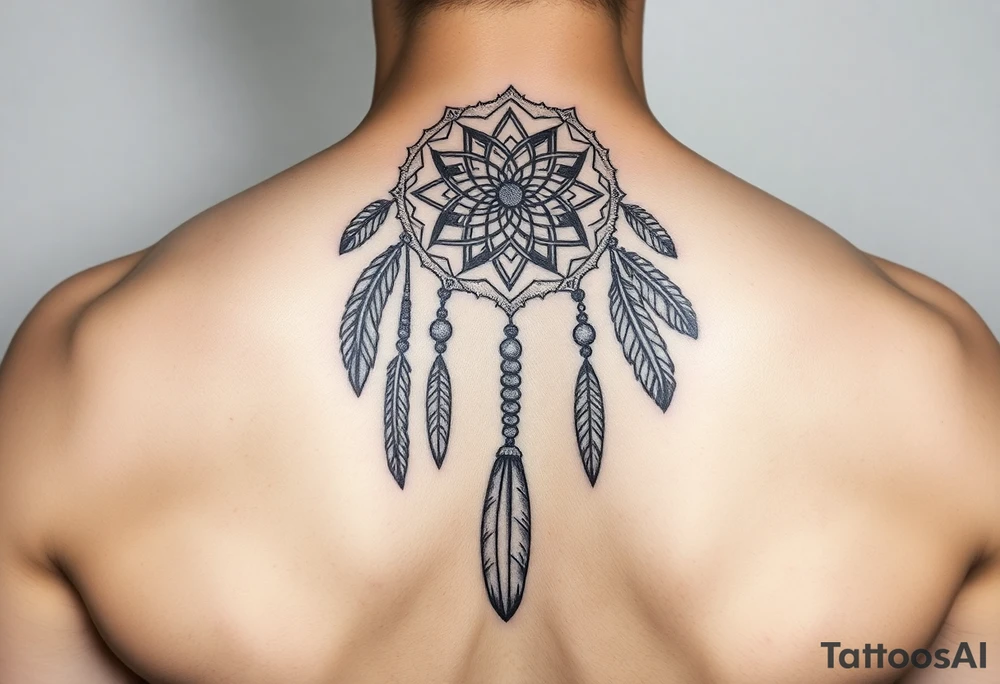 native dreamcatcher with flowing feathers and sacred beads tattoo idea