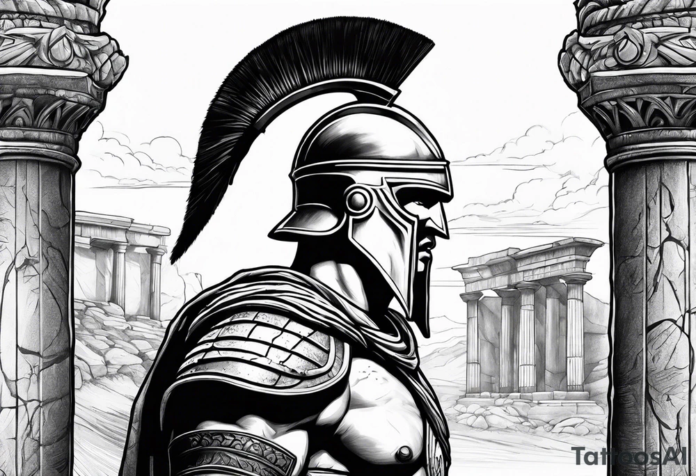 Side profile of spartan soilder with ancient pillars in background tattoo idea