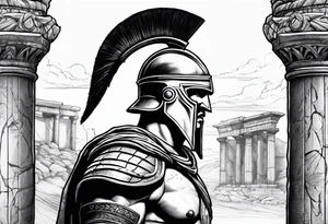 Side profile of spartan soilder with ancient pillars in background tattoo idea