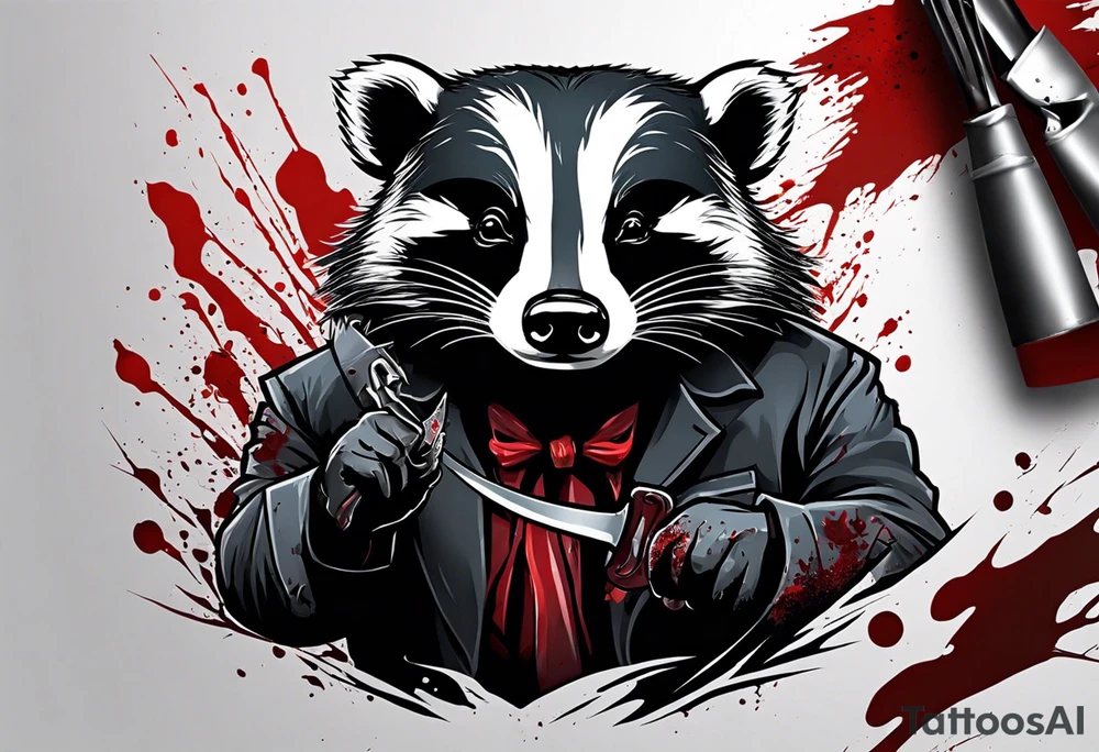 Draw me psychopath Badger/Assassin with aggressive full body, killer face with a smile, very long nails and he attacks like a Bloody Assassin to us and also, he has very deadly looking. He fights with his nails. Everybody scares after their first sight. Give me horror type Badger Tattoo. I want to see his Realistic full body. tattoo idea
