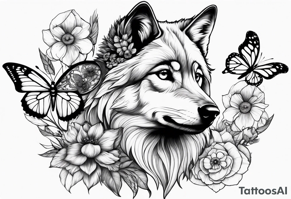 Wolf puppy, peacock feather, butterfly, narcissus flower, hummingbird tattoo idea