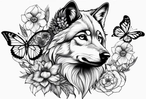 Wolf puppy, peacock feather, butterfly, narcissus flower, hummingbird tattoo idea