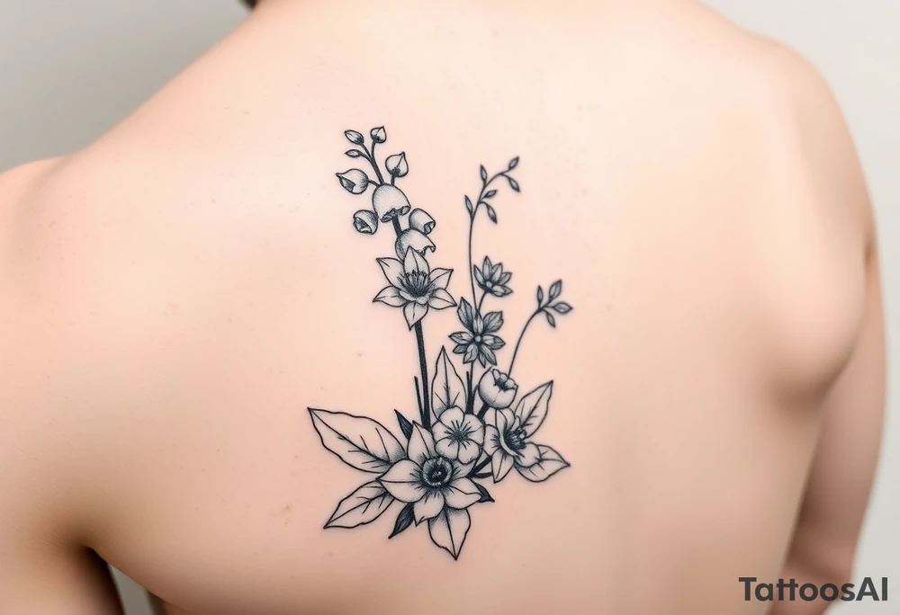 Minimalist design in black bunch of flowers 1 lily of the valley 1 daffodil 1 holly 1 larkspur tattoo idea