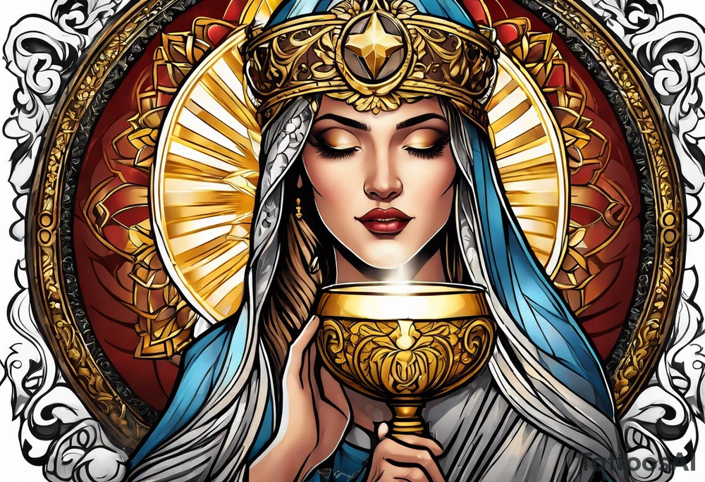 woman saint holding chalice surrounded by golden halo tattoo idea