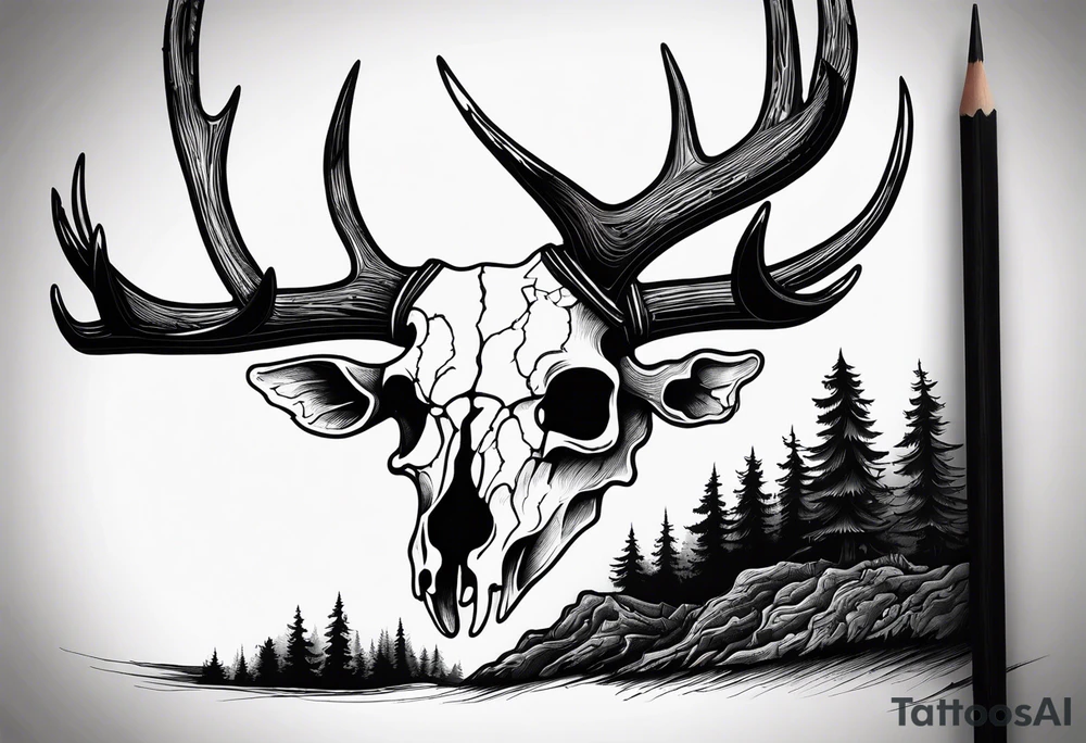 scary side view of a DECAYING deer skull JUST BONE surrounded by a forest fire in background tattoo idea