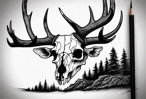 scary side view of a DECAYING deer skull JUST BONE surrounded by a forest fire in background tattoo idea