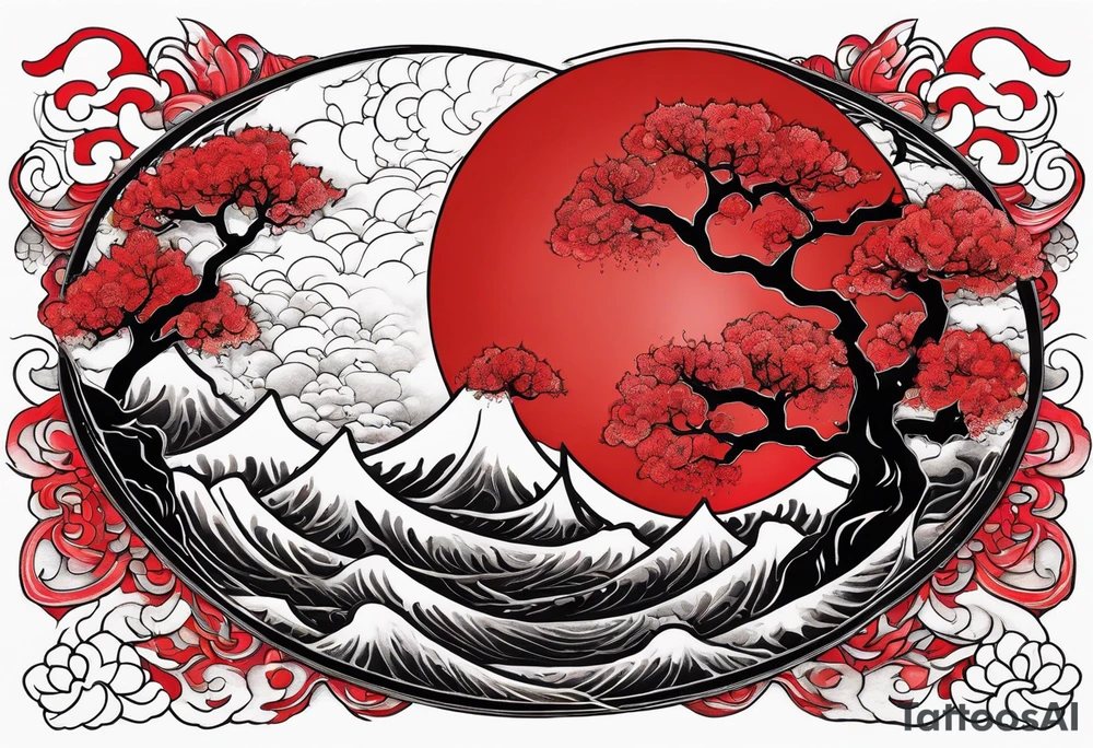 eclipse, vibrant colors (reds and blacks), dark fantasy tattoo idea