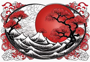 eclipse, vibrant colors (reds and blacks), dark fantasy tattoo idea