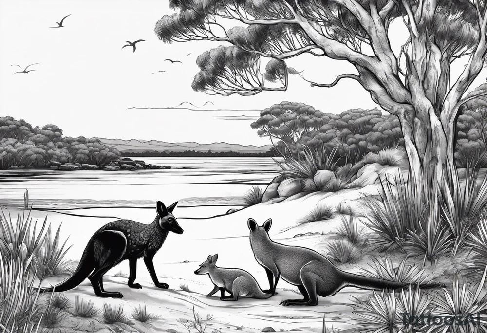 Outback with Uluṟu, a kangaroo, a dingo and an emu. Land meeting ocean with a platypus and a crocodile tattoo idea