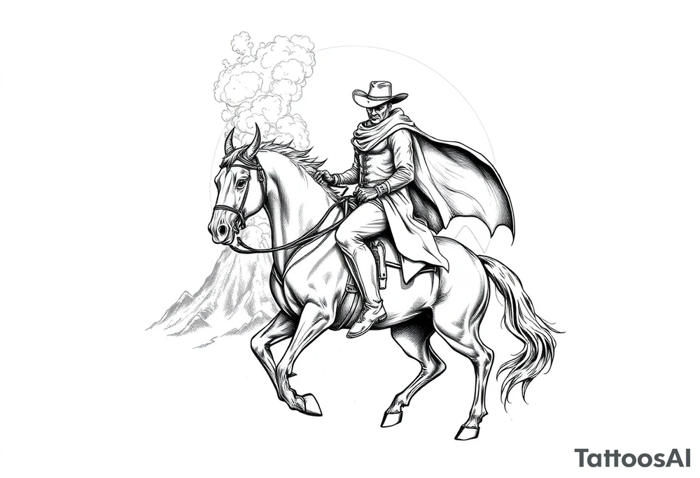 demon cowboy on a horse, against a volcanic eruption. tattoo idea