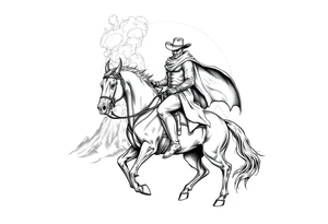 demon cowboy on a horse, against a volcanic eruption. tattoo idea