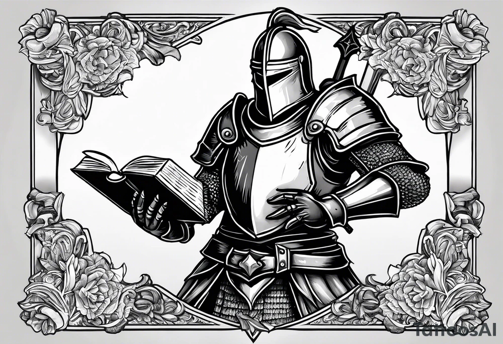 knight holding a bible over his head in combat with both hands tattoo idea