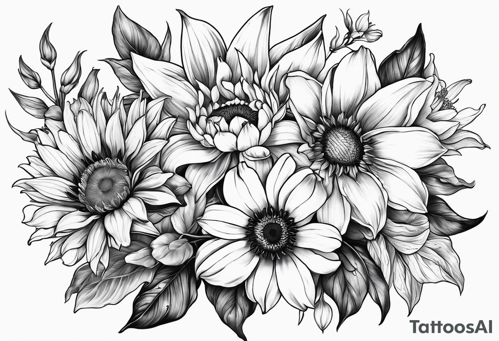 Floral design One each of sunflower, lily, peony, cherry blossom and tulip tattoo idea