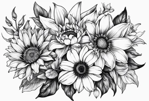 Floral design One each of sunflower, lily, peony, cherry blossom and tulip tattoo idea