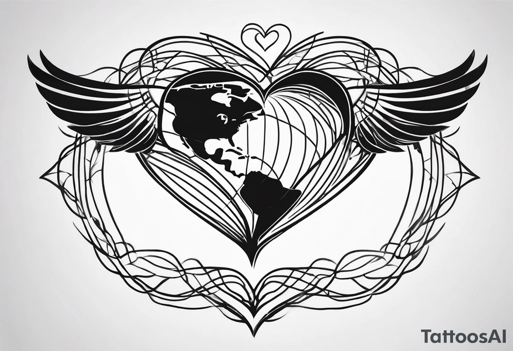 a heart shape with this inside the heart: brain, plane or wanderlust, family, and roots tattoo idea