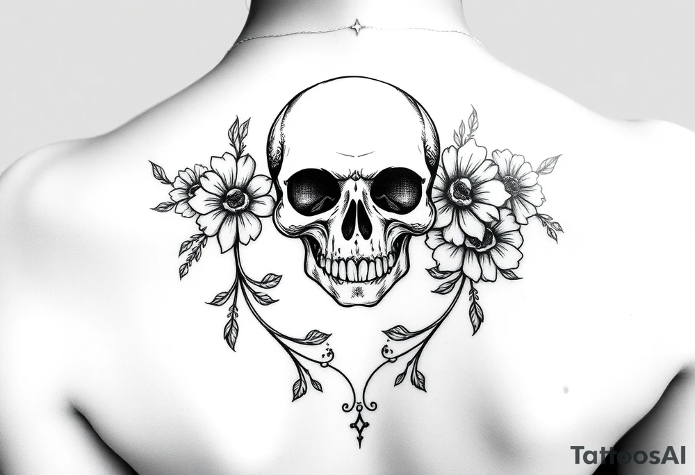 skull slightly facing left, surrounded by floral ornaments tattoo idea skull slightly facing left, surrounded by floral ornaments tattoo idea