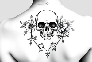 skull slightly facing left, surrounded by floral ornaments tattoo idea