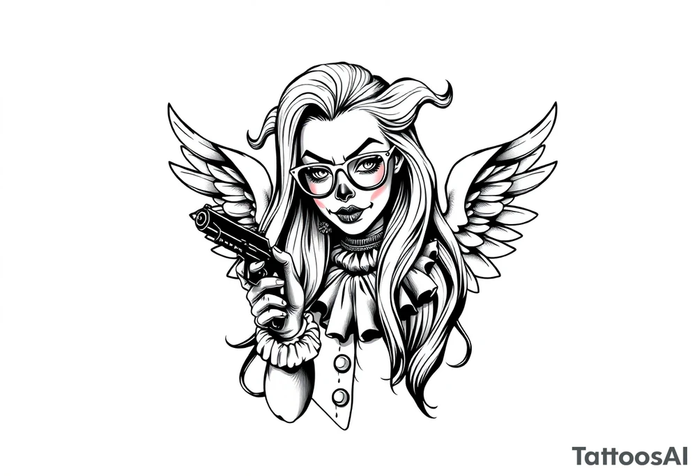 beautiful long hair Clown Girl thug eyeglasses angel wings smoking a cigarette holding a gun tattoo idea