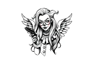 beautiful long hair Clown Girl thug eyeglasses angel wings smoking a cigarette holding a gun tattoo idea