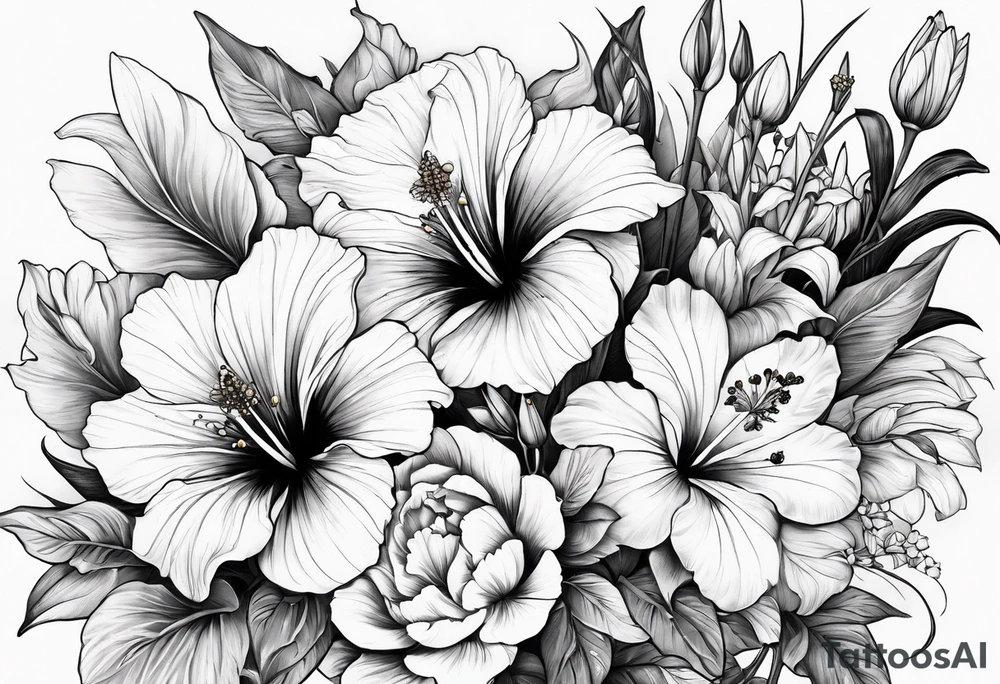 Verticle arm placement of hibiscus, TULIPS, LILLIES, DRAGONflower, with wildflowers, poppy, complimentary flowers, bees, peony, forearm tattoo idea
