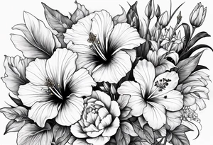 Verticle arm placement of hibiscus, TULIPS, LILLIES, DRAGONflower, with wildflowers, poppy, complimentary flowers, bees, peony, forearm tattoo idea