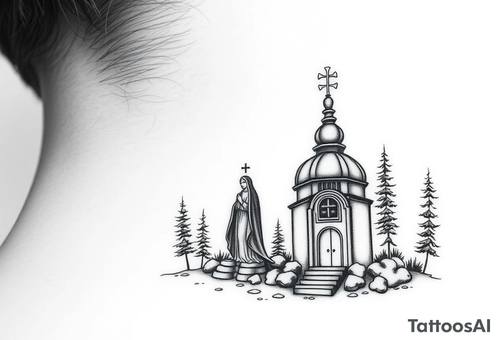 russian design traditional christian orthodox cross with a virgin mary stood beside the entrance of a russian orthodox dome church on the side of the neck in a wilderness setting with the design spread out the side of the neck tattoo idea