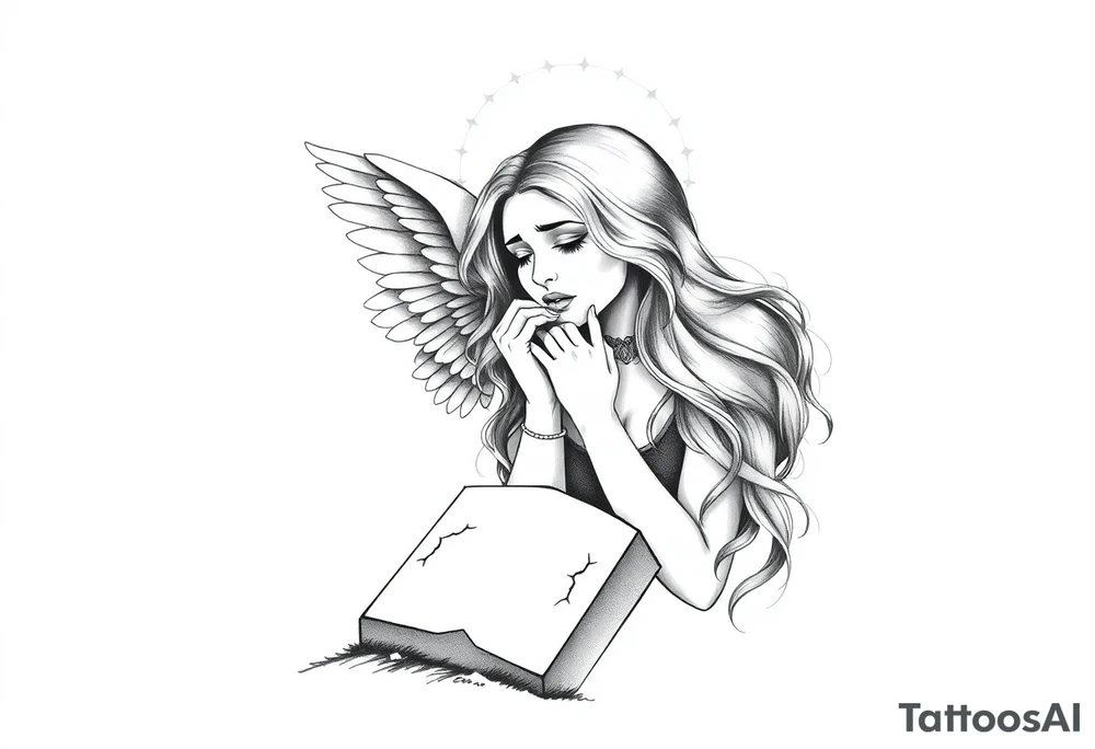 Beautiful woman angel crying over a tombstone tattoo idea