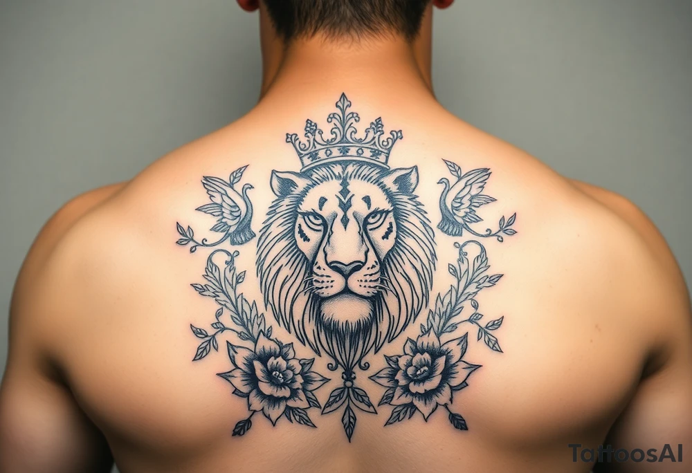 powerful majestic lion with a crown, surrounded by floral ornaments and birds tattoo idea