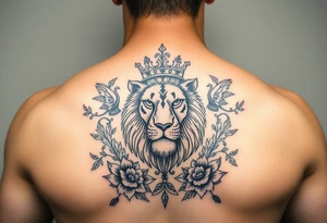 powerful majestic lion with a crown, surrounded by floral ornaments and birds tattoo idea