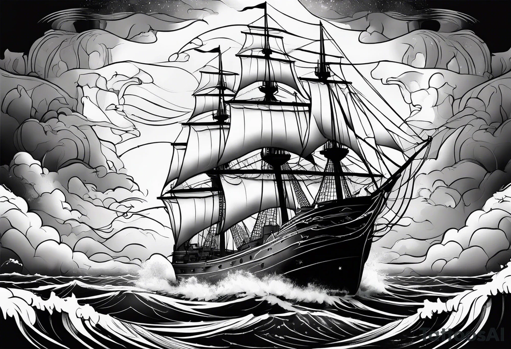 Ship on the sea with storm clouds and lightning tattoo idea