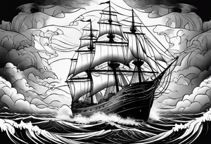 Ship on the sea with storm clouds and lightning tattoo idea