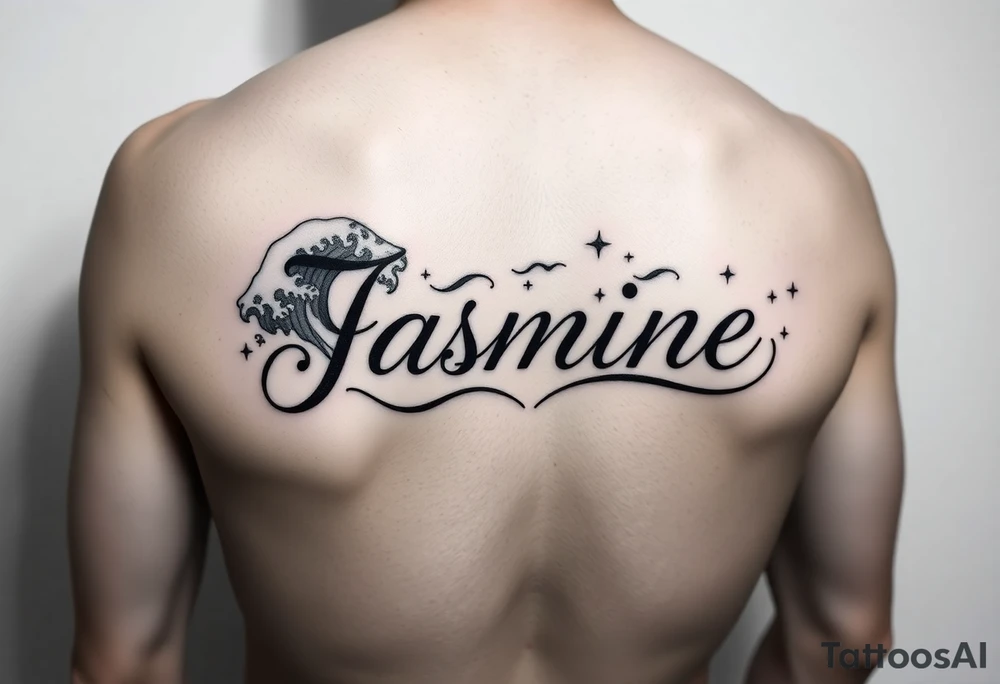 The word Jasmine on inner four arm with waves and stars in the background tattoo idea