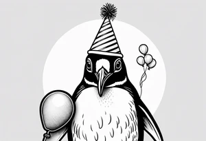 Realistic Penguin with a party hat and a ballon tattoo idea