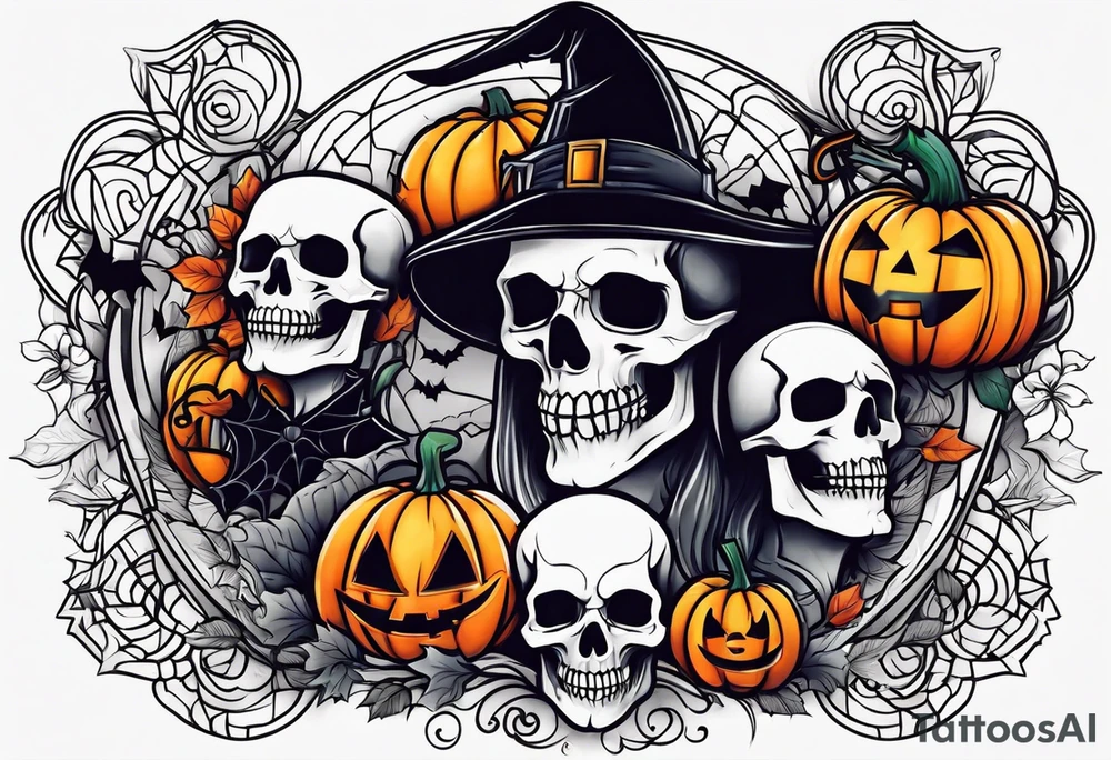 Create a Halloween tattoo with lots of colors and iconic characters tattoo idea