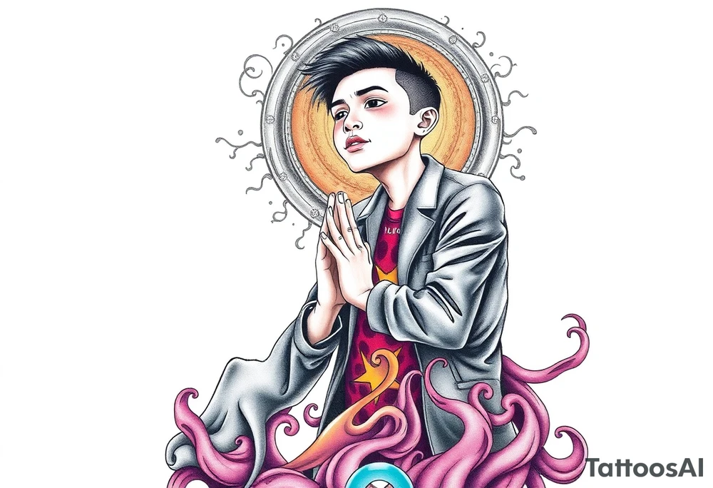 Handsome Asian young guy is standing on his knees apologising tattoo idea