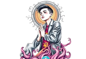 Handsome Asian young guy is standing on his knees apologising tattoo idea