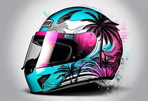 Formula 1 helment with a palm tree and black pink and light blue color tattoo idea