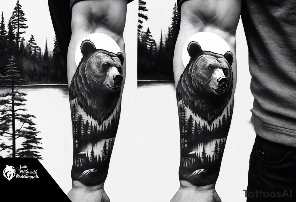 bear head right above the forest line with a lake below, full sleeve tattoo tattoo idea bear head right above the forest line with a lake below, full sleeve tattoo tattoo idea