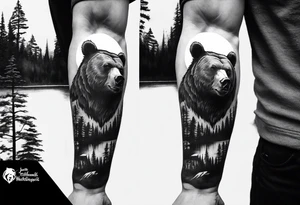 bear head right above the forest line with a lake below, full sleeve tattoo tattoo idea